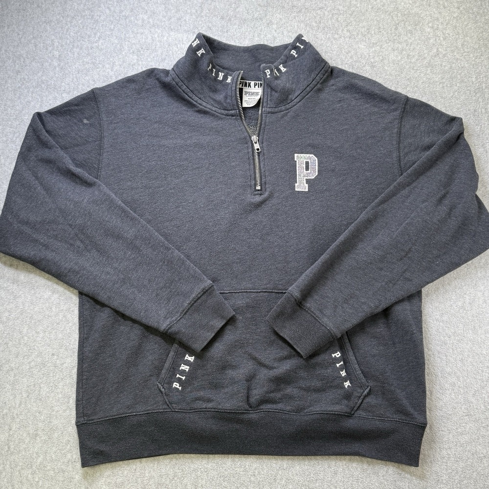 PINK Victoria's Secret Sequin Half Zip Sweatshirt M Black Pullover Glitter Logo